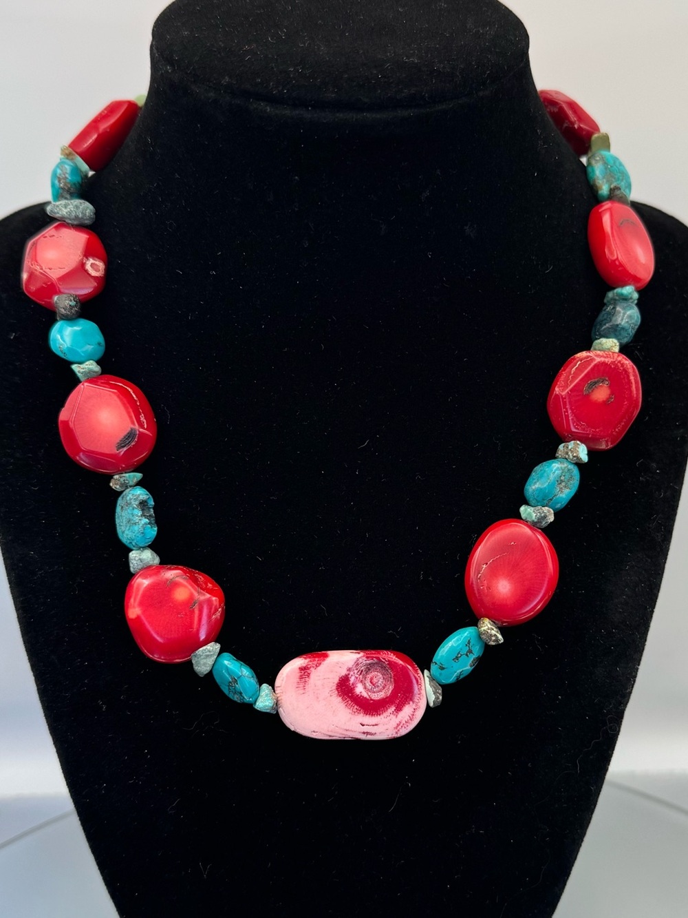 Red Bamboo Coral & Turquoise Necklace Sterling Silver Toggle Clasp